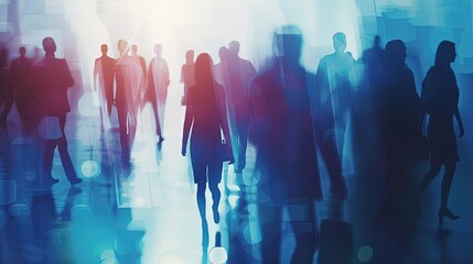 Abstract image of corporate professionals walking in a bright, modern hallway, symbolizing business activity and corporate life.