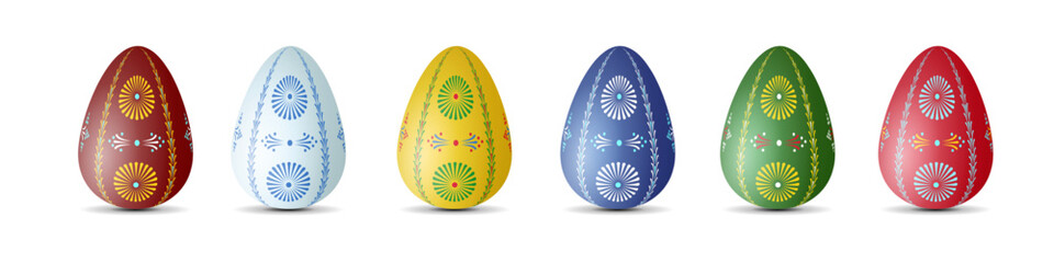 Set of colourful painted Easter eggs Easter adorned with different coloured flowers and other decorative ornaments. Vector design, 3D style template, isolated on transparent background, illustration.