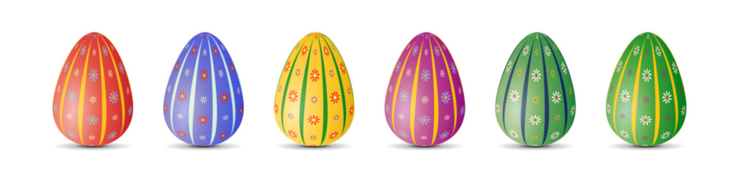 Set of colourful painted Easter eggs decorated with vertical strips and flowers. Vector design, 3D style template, isolated on transparent background, illustration.