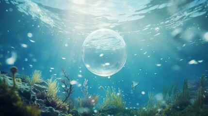 Beautiful transparent water bubble in the underwater sea with sunshine. Created with Generative AI