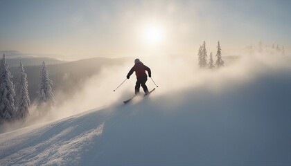 silhouette of a skier flying through the snow in dense fog, sun in the background
