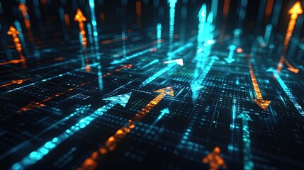 Obraz premium Abstract digital background depicting cyber data flow with glowing blue and orange arrows, representing internet traffic and data analysis.