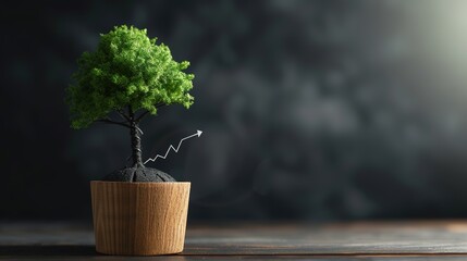 Conceptual image of a lush green tree growing out of a mound with a rising graph line, symbolizing growth and success. - obrazy, fototapety, plakaty