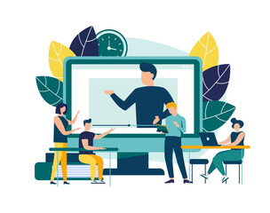 Educational webinar. Digital audience, Online class. The concept of modern education with a personal teacher. Vector illustration for landing page template.