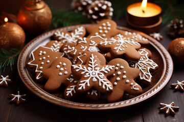 Fototapeta premium Christmas gingerbread cookies. Warm and cozy vibes: a plate of freshly baked gingerbread cookies, perfect for the holiday season