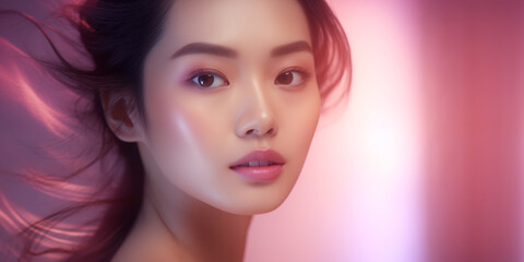 Obraz premium Beautiful young Asian woman with clean skin. A stunning Asian woman with impeccable skin and a gentle gaze, set against a pink illuminated background