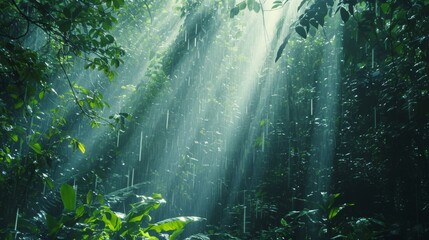 Light rain in a dense tropical forest with sun rays illuminating the vibrant green leaves and serene atmosphere - obrazy, fototapety, plakaty