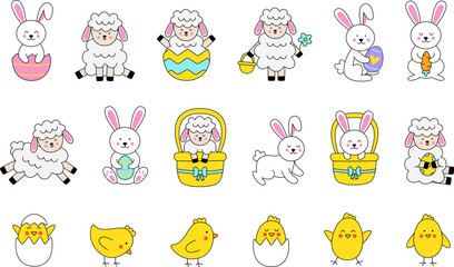 Cute Easter animals on white background in cartoon style.