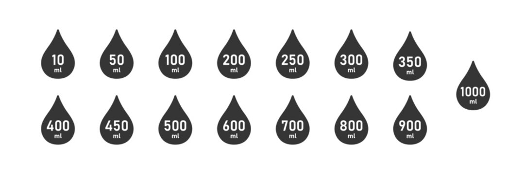 Liter l sign (l-mark) estimated volumes. Drop liquid, fluid volume. Capacity symbols. Scale for liquid or ingredient. Vector illustration	
