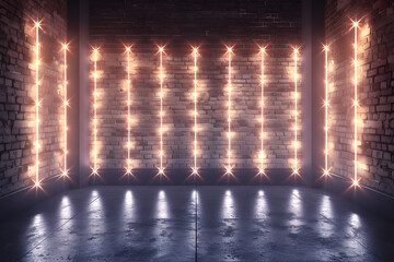 Room with brick wall and neon lights background.
