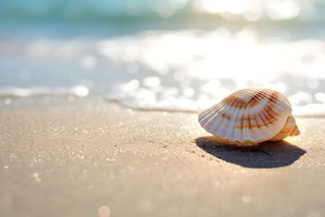 Fototapeta na wymiar Shell on the sand at beach. Summer holiday background.
