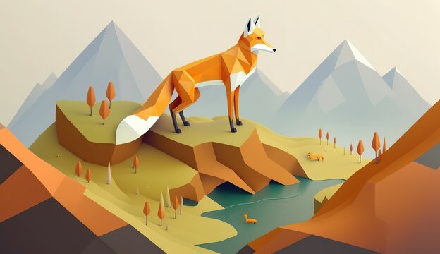 illustration of a fox in front of a beautiful landscape, isometric style, geometrical design, Fox on top of the mountain