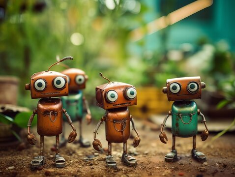 Photography of small cute robots made of rusty metal spring. Creative concept