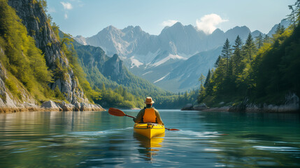 A man seen from the backside having a trip on a canoe in crystal clear mountain lake.  - obrazy, fototapety, plakaty