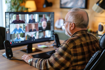 A senior man using video conference, Generative Ai - obrazy, fototapety, plakaty