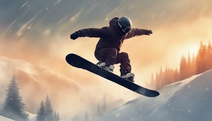 Obraz premium silhouette of snowboarder doing acrobatic stunts in the air, warm tones, foggy weather, heavy snowfall