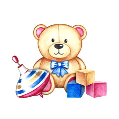 Children's toys, a teddy bear, a spinning top and cubes. Handmade watercolor illustration. For the design of children's books, postcards and flyers. For labels of packaging of children's goods.