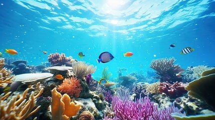 Beautiful coral reef with tropical fish. Blue underwater sea life concept background. Generative AI - obrazy, fototapety, plakaty