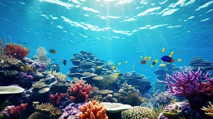 Naklejka na ściany i meble Beautiful coral reef with tropical fish. Blue underwater sea life concept background. Generative AI