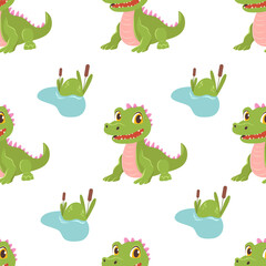 Vector seamless print with cute crocodile