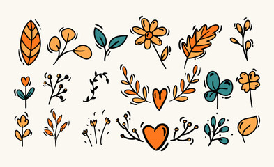 Doodle style hand drawing. Colored plants, flowers. Isolated vector illustration.