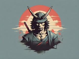 A minimalist t-shirt design with a vintage touch, anime samurai.