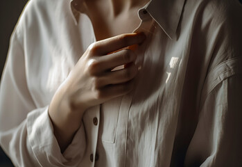 a close-up of a woman unbuttoning a white shirt, illuminated by soft, natural light. The mood is serene, ai generative