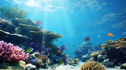 Beautiful coral reef with tropical fish. Blue underwater sea life concept background. Generative AI