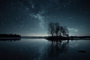 serene night scene with the Milky Way and stars reflecting on a calm lake, silhouetted by trees, ai generative
