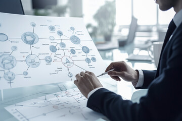 man analyzing a complex diagram and making notes in a well-lit, professional setting, ai generative