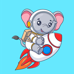 Cute elephant astronaut riding rocket in space cartoon vector icon illustration animal science isolated