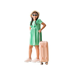 Happy smiling asian little girl were hat and sunglasses posing with suitcase, Travel fashion summer holiday concept, Full body isolated on white background