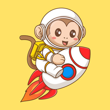 Cute monkey astronaut riding rocket in space cartoon vector icon illustration animal science isolated