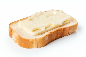 Bread slice with cheesy spread on white background. Generative AI