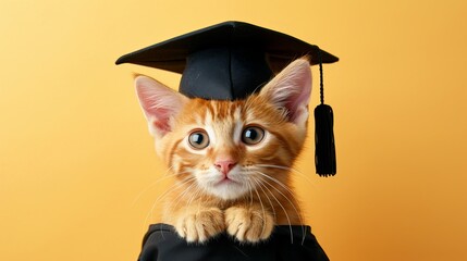 Fluffy funny cat wearing graduate regalia black hat on pastel color background with copy space