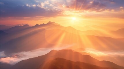 Beautiful sunset, mountains in the clouds, panoramic image, natural backgrounds