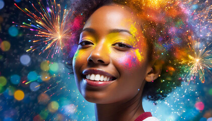 Fototapeta premium african woman with exploding colors on face and in background