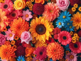 A vibrant bouquet of flowers: pink, orange, yellow, red, and blue. Detailed and visually captivating, expressing vitality.