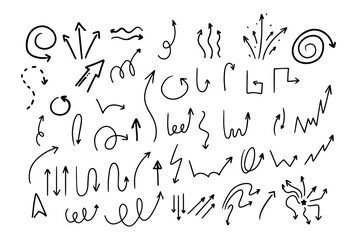 Doodle style hand drawing. Black and white arrows of different shapes, pointers. Isolated vector illustration.