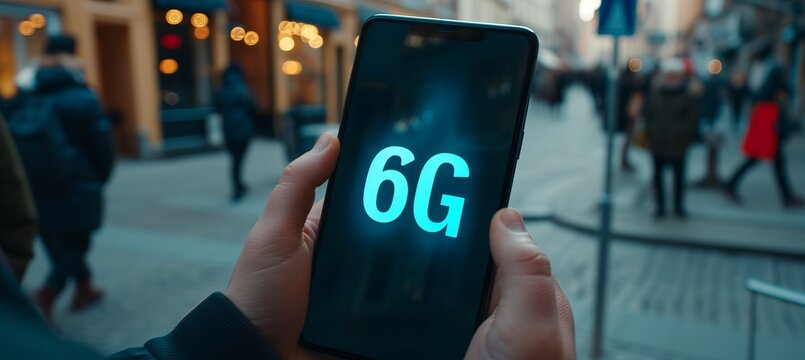 Futuristic interactive holographic 6g text icon shining over mobile phone in hands