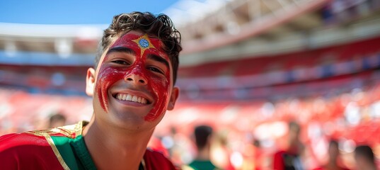 Excited portugal football fan with flag face paint at stadium event, copy space for text