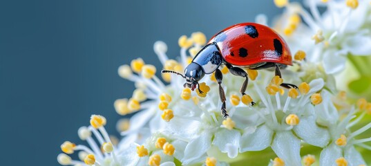 Vibrant spring background with ladybug on white flower and ample copy space for text placement