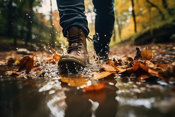 Füße mit Winterstiefeln, laufen durch eine Pfütze, Herbstblätter, Regenwetter, erstellt mit generativer KI - 726335194
