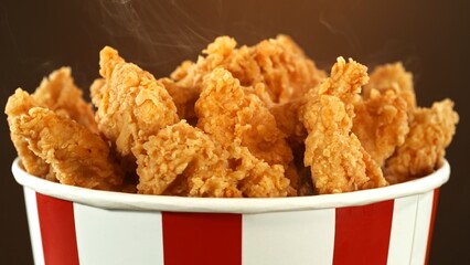 Fried Chicken Pieces in Paper Bucket, Isolated on Colored Background. Concept of Junk Food.