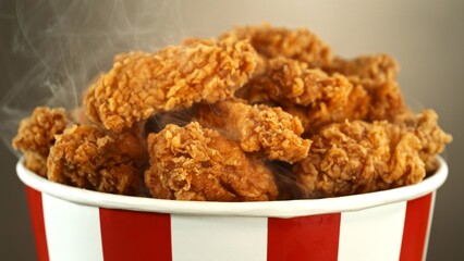 Fried Chicken Pieces in Paper Bucket, Isolated on Colored Background. Concept of Junk Food. - 726335719