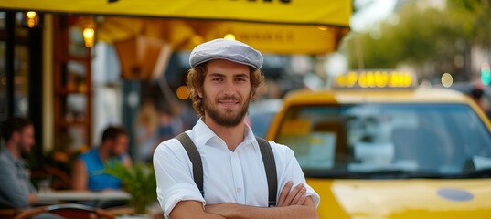 Confident bearded taxi driver standing in front of cab, smiling at camera, copy space available