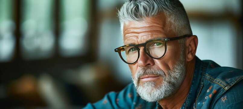 Middle aged man with glasses looking out, office background, copy space for text placement - Powered by Adobe
