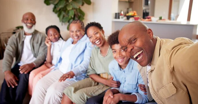 Big family, face and selfie in home living room, bonding together and healthy relationship. African grandparents, mother and father with children on sofa in lounge, smile portrait or laugh for photo
