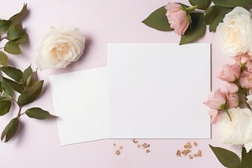 Beautiful empty card, envelope, leaves and flowers with copy space for advertiser, Valentine's day, Mother's day and love concept