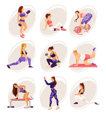 Fitness sporty girls. Set of women doing sport exercise with dumbbells. Wellness women workout. Healthy lifestyle characters. Collection of gym exercises. Colorful flat vector illustration
